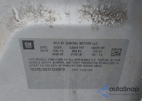 2015 Chevrolet Cruze 1Lt Auto z USA, uszkodzony, nr VIN 1G1PC5SB7F7296919